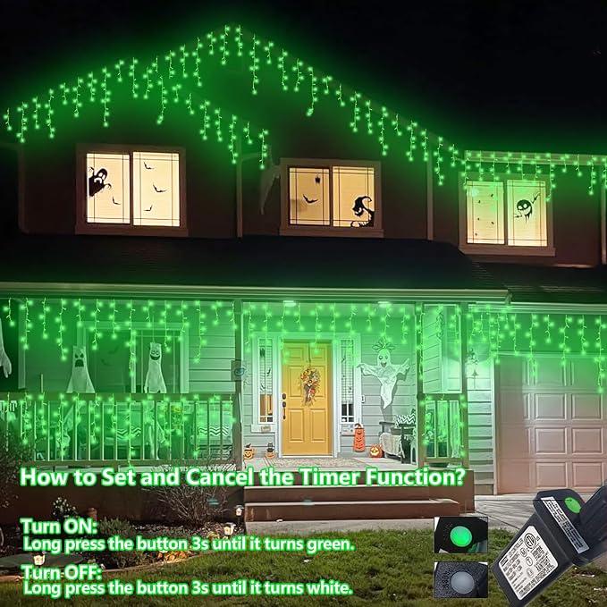 YEGUO 33ft 400 LED Icicle Lights for Outside, 80 Drops Halloween Lights Connectable, 8 Modes Icicle String Light with Memory(Green)
