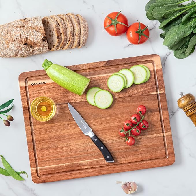 BEZIA 16.5" x 13" Acacia Wood Cutting Board, Durable Kitchen Prep Station | Deep Juice Grooves, Side Handles, Pre-Oiled Surface, Ideal for Daily Meal Prep, Expert Carving, Serving & Kitchen Decor