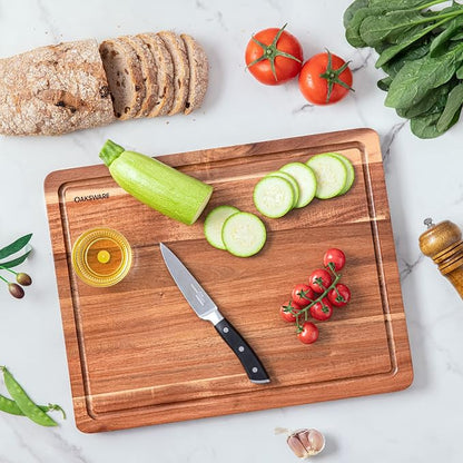 BEZIA 16.5" x 13" Acacia Wood Cutting Board, Durable Kitchen Prep Station | Deep Juice Grooves, Side Handles, Pre-Oiled Surface, Ideal for Daily Meal Prep, Expert Carving, Serving & Kitchen Decor