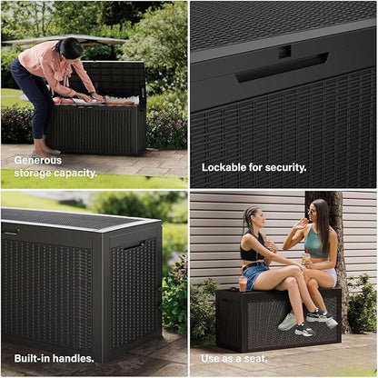 180 Gallon Deck Box Organizer, Doubles as 2-Person Bench Seat, Black – Large Resin Outdoor Storage and Seating with Lockable Lid for Garden, Pool, and Patio
