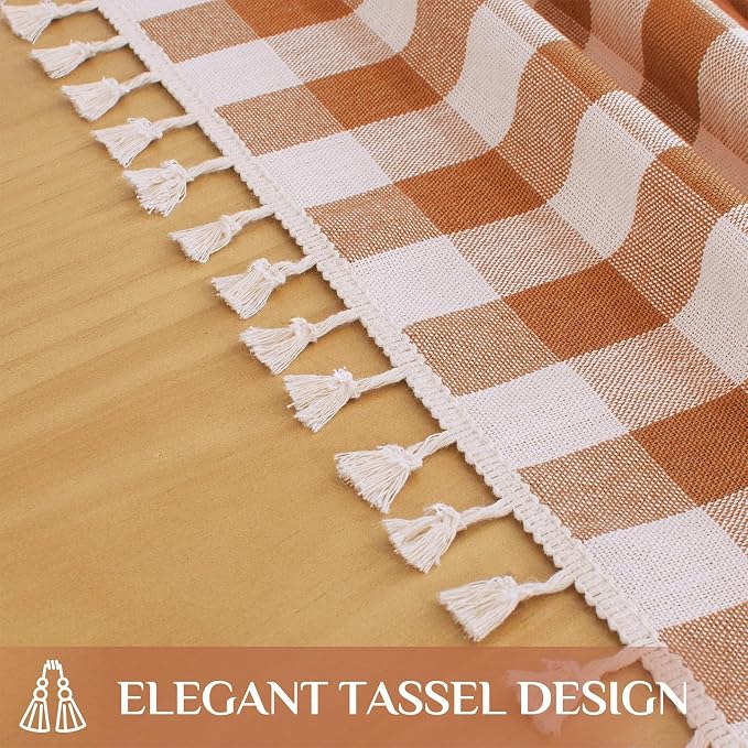 Softalker Fall Checkered Tablecloth 70 x 70 Inch Round, Heavy Weight Linen Cotton Gingham Thanksgiving Orange Table Cloth with Tassel, Wrinkle Free Buffalo Plaid Table Cover for Dining Party