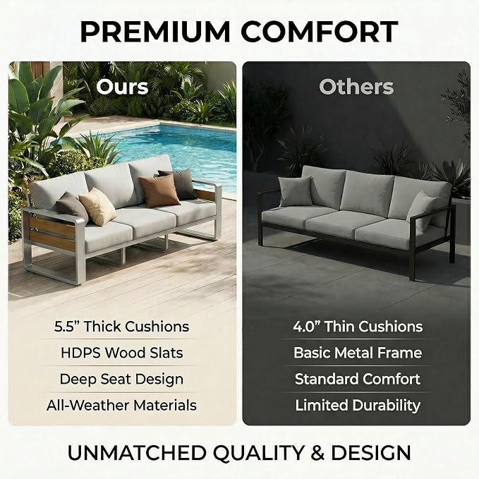 ZANDOR Aluminum Outdoor Patio Furniture Set with Table,7 Seat, Silver | Rustproof,High weight capacity,Water-repellent,Washable Cover,All-Weather Resistant,Easy clean,for Poolside Backyard Deck