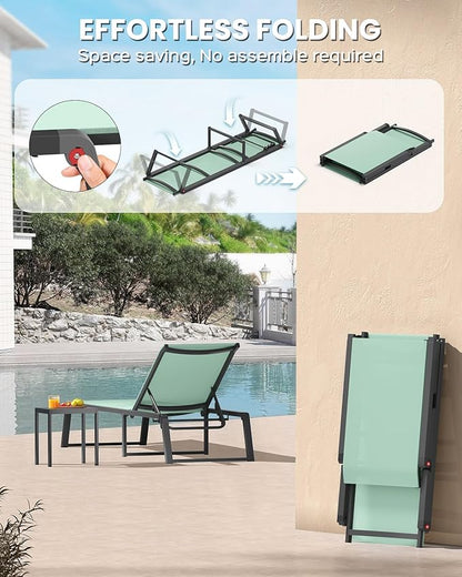 Aluminum Chaise Lounge Chair Outdoor, Foldable& No Assembly Patio Pool Lounge Chairs 5-Position Recliner for Outside, Fully Grounded Legs Sun Lounger for Poolside, Light Green