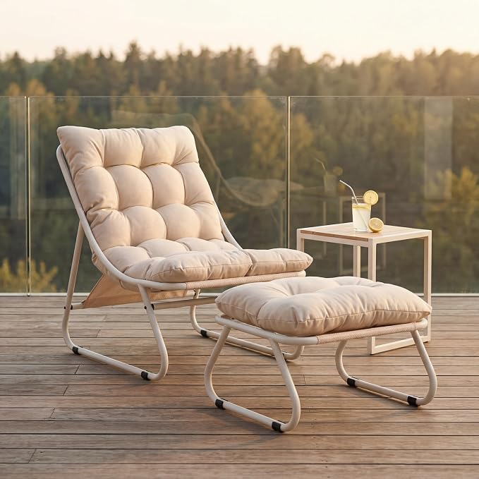 Rocking Chair with Ottoman, Modern Metal Frame Outdoor Rocker, Comfy Patio Lounge Chair with Footrest, Reading Glider Chairs for Living Room, Bedroom, Balcony, Garden, Relax, Beige