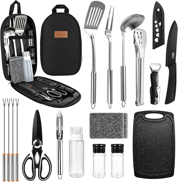 Camping Utensil Set 18 Pcs, Camping Cooking Set with Storage Bag | Lightweight & Durable Kitchen Set for Travel, Picnics, BBQ, Party, Outdoor Hiking