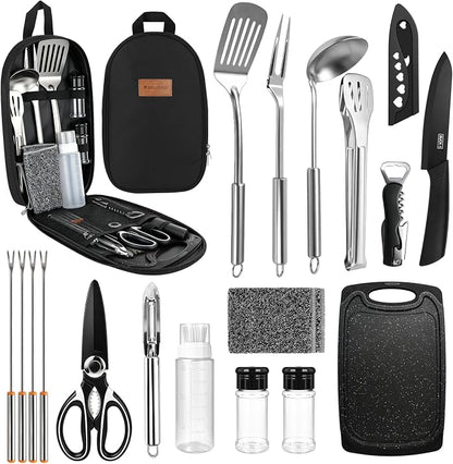 Camping Utensil Set 18 Pcs, Camping Cooking Set with Storage Bag | Lightweight & Durable Kitchen Set for Travel, Picnics, BBQ, Party, Outdoor Hiking