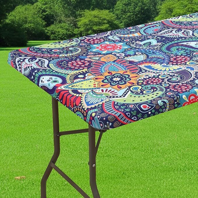 Smiry Spandex Fitted Tablecloth for 8 Foot Rectangle Tables, Washable Picnic Table Cover with Elastic, Stretch Reusable Table Cloth for Outdoor, Camping, Dining & Kitchen (Paisley, 30"x96")