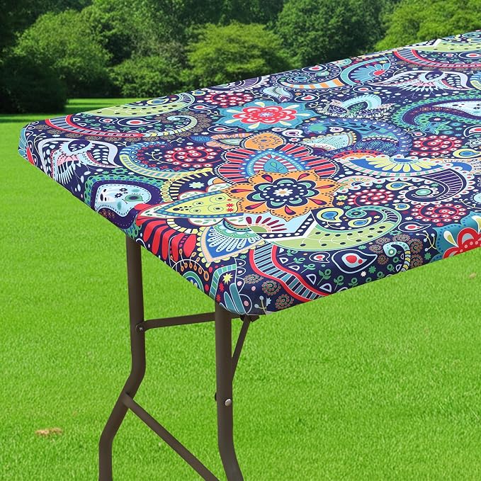 Smiry Spandex Fitted Tablecloth for 4 Foot Rectangle Tables, Washable Picnic Table Cover with Elastic, Stretch Reusable Table Cloth for Outdoor, Camping, Dining & Kitchen (Paisley, 30"x48")