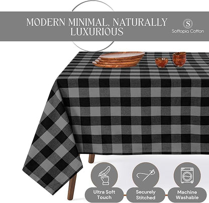 Premium Buffalo Plaid Tablecloth (60x102) - 100% Cotton Checkered Table Cover - Farmhouse Style, Washable Linen for Holiday Hosting, Dinner Parties, Family Dining, Light Grey & Black