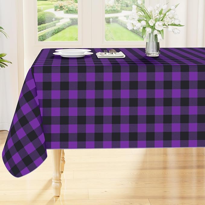 Smiry Picnic Table Cloth, Vinyl Tablecloths with Flannel Backing, 60"x120" | Waterproof Rectangle Table Cloth, Wipeable Buffalo Plaid Table Cover for Indoor and Outdoor (Black & Purple)