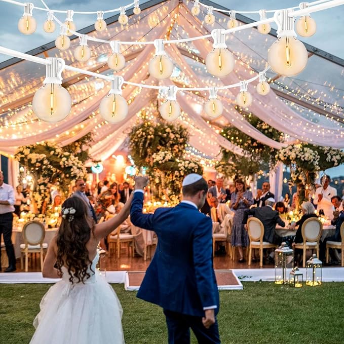 200Ft White String Lights for Outside Patio Light Waterproof with 104 Bulbs | 2200K Warm White,White Cord,Linkable bistro lights outdoor for Wedding Pergola Porch Backyard