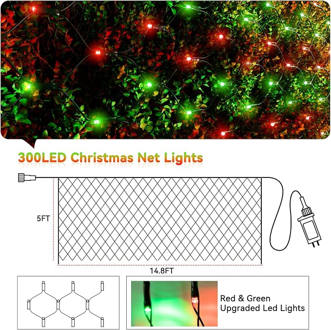 LitHome 14.8FT x 5FT Christmas Net Lights Outdoor Waterproof Connectable | 8 Modes 300 LED Red Green Bush Lights, Net Mesh Light Dark Green Wire for Bushes Shrubs Outdoor Christmas Holiday Decor
