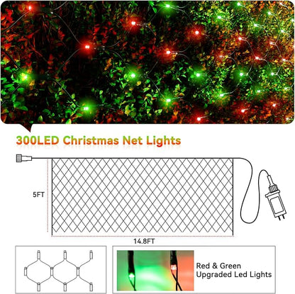 LitHome 14.8FT x 5FT Christmas Net Lights Outdoor Waterproof Connectable | 8 Modes 300 LED Red Green Bush Lights, Net Mesh Light Dark Green Wire for Bushes Shrubs Outdoor Christmas Holiday Decor