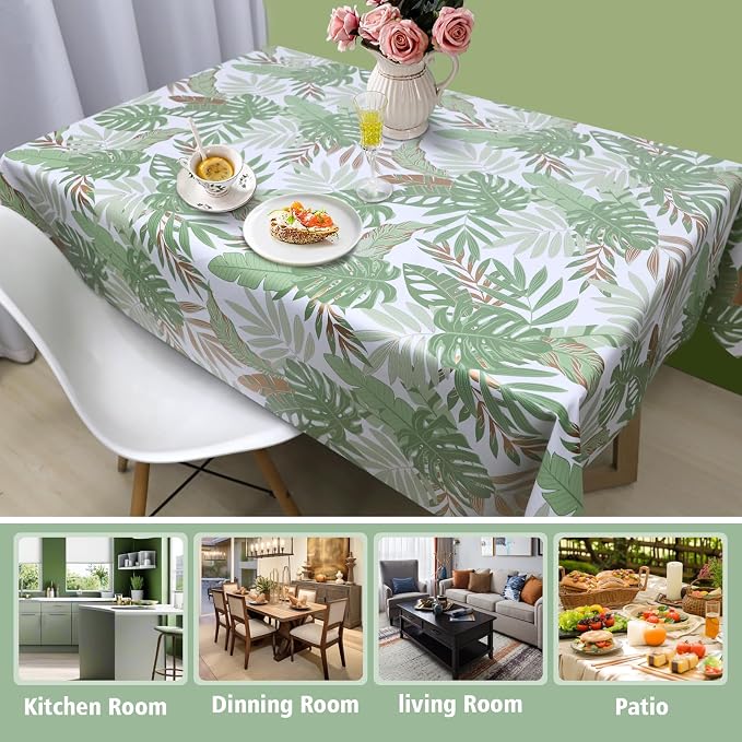 AIRCOWRIE Waterproof Vinyl Tablecloths, Heavy Duty Oil Spill Proof Plastic Table Cloth with Soft-Touch Finish, Wipe Clean PVC Table Cover for Indoor and Outdoor Use (Green Leaf, 54”×108”, Rectangle)