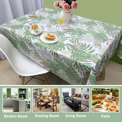 AIRCOWRIE Waterproof Vinyl Tablecloths, Heavy Duty Oil Spill Proof Plastic Table Cloth with Soft-Touch Finish, Wipe Clean PVC Table Cover for Indoor and Outdoor Use (Green Leaf, 54”×120”, Rectangle)