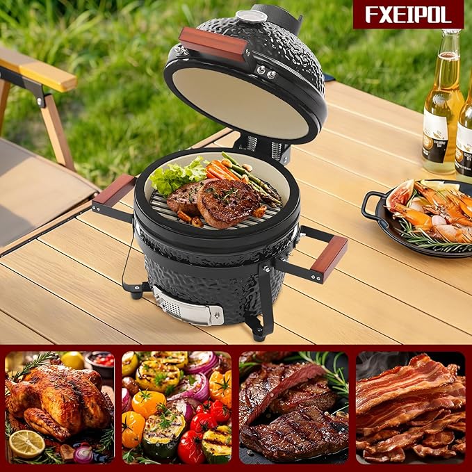 Ceramic BBQ Charcoal Grill, 13" Round Ceramic Barbecue Grill with Thermometer for Picnics, Camping (Black)