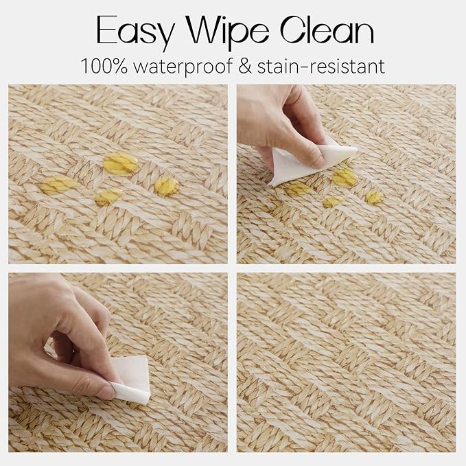 Romanstile Round Fitted Vinyl Tablecloth with Elastic Edge 100% Waterproof | Table Covers for 45"- 56" Tables, Wipeable Flannel Backed Plastic Table Cloths for Dinner, Picnic, Camping, Outdoor, Weave