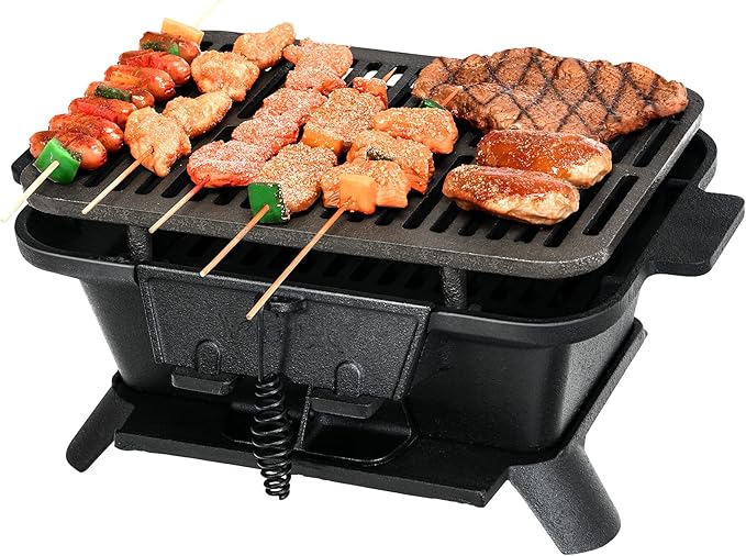 Happygrill Charcoal Grill Portable Barbecue Smoker Grill, Cast Iron Hibachi Grill with Double-sided Grilling Net Air Regulating Door Fire Gate for Outdoor Cooking Camping Hiking Party