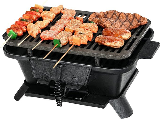 Happygrill Charcoal Grill Portable Barbecue Smoker Grill, Cast Iron Hibachi Grill with Double-sided Grilling Net Air Regulating Door Fire Gate for Outdoor Cooking Camping Hiking Party