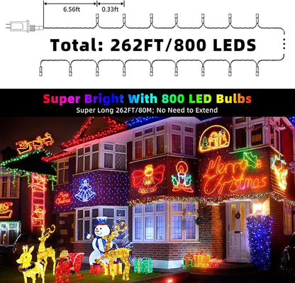262FT 800 LED Christmas String Lights, Christmas Lights | Plug 8 Modes Memory Function with Timer, UL Certified Outdoor Indoor Fairy Light Christmas Tree, Patio, Party (Multicolor)