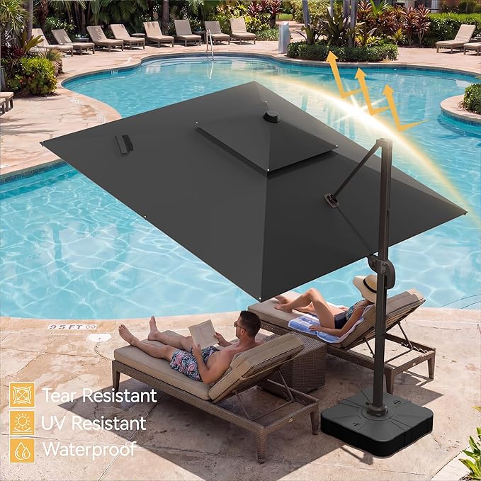 10x10 FT Patio Umbrella, Large Cantilever Double Top Heavy Duty Offset Umbrellas with 360° Rotation, Outdoor shade for Garden Deck Pool, Grey