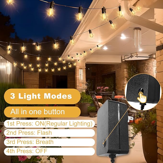 15M LED Outdoor String Lights Patio Dimmable Hanging Light with Remote, Waterproof Shatterproof Edison Bulbs, 3 Modes Outside Lighting Connectable for Graden Porch Backyard Balcony Deck