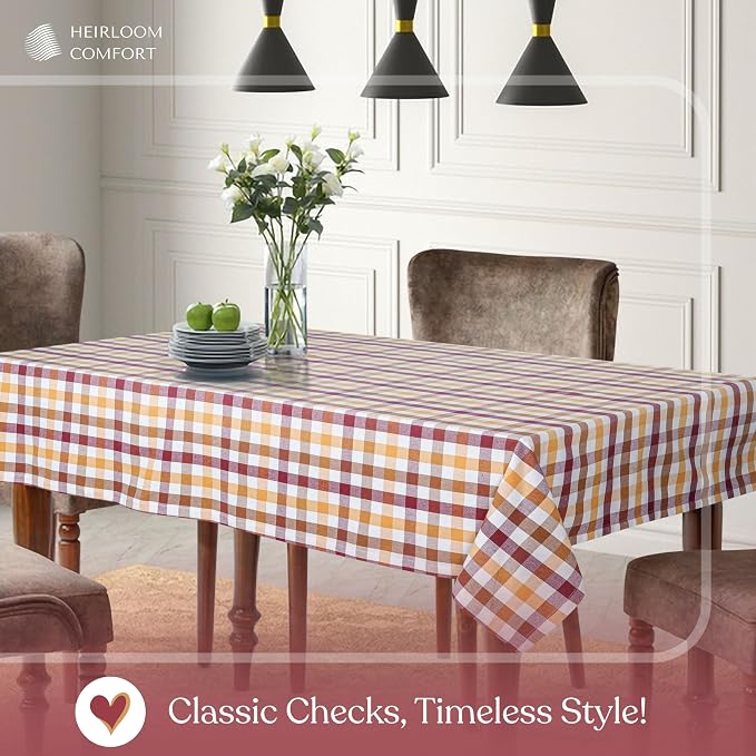 Gingham Check Tablecloth 52x70 Inch, 100% Cotton, Reusable Dining Table Cover for Rustic Decor, Parties, Gatherings, Weddings - Burgundy Wine, Brown, Mustard Yellow, Natural