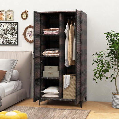 Giantex Wicker Storage Cabinet, 62” Tall Pantry Cabinet with 2 Doors, Hanging Rod, 4 Storage Cubes, Metal Legs, Anti-Tipping Device, PE Rattan Storage Cabinet for Home Office, Garage Cabinets (Brown)