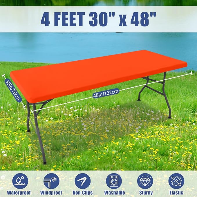 Moosfor 2 Pack Rectangle Spandex Fitted Table Cloth, 4FT Elastic Tablecloth | Washable Picnic Table Cover, Stretch Waterproof Table cloths for Party, Patio, Dining, Kitchen, 30" x 48", Orange