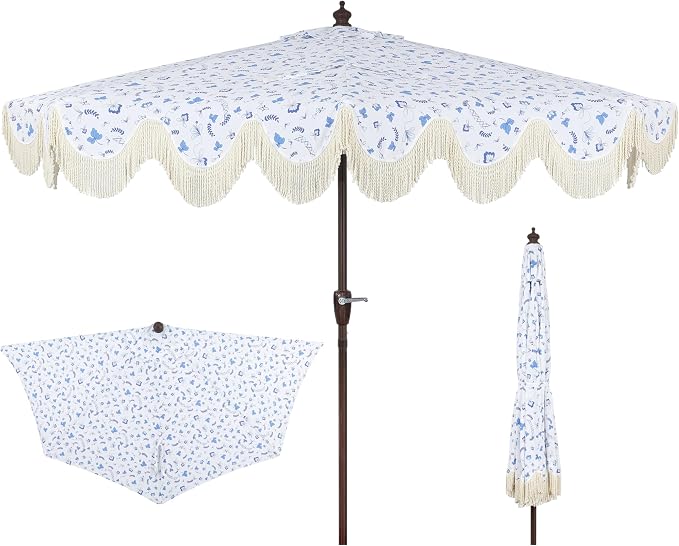 JONATHAN Y Beverly 9 ft. Patterned Half Umbrella, Blue/Dark Brown | Coastal Scalloped Cream Fringe, Crank Lift, 30 Degree Manual Tilt, UV 50 Polyester Canopy, Aluminum Frame, Space Saving