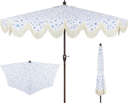 JONATHAN Y Beverly 9 ft. Patterned Half Umbrella, Blue/Dark Brown | Coastal Scalloped Cream Fringe, Crank Lift, 30 Degree Manual Tilt, UV 50 Polyester Canopy, Aluminum Frame, Space Saving