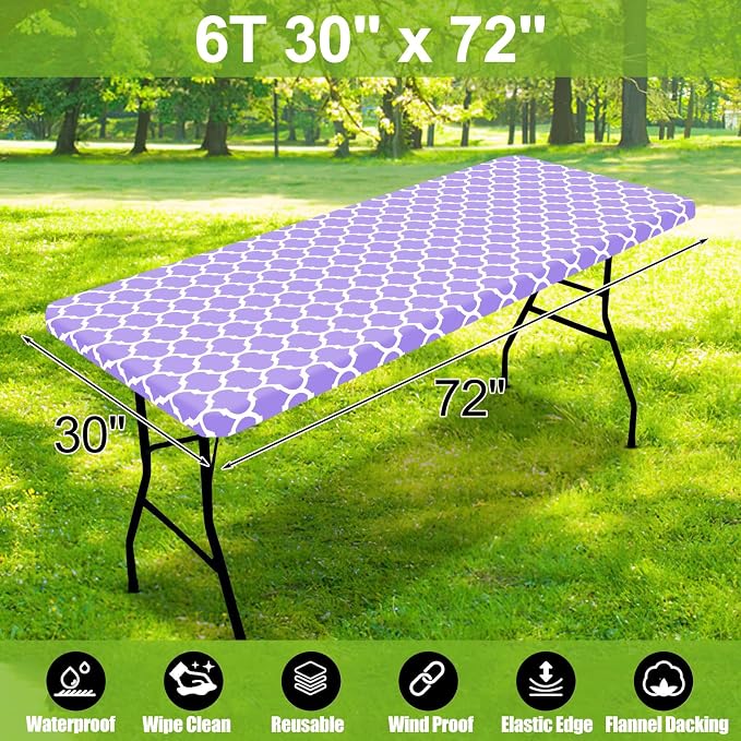 Smiry Picnic Fitted Table Cover, 6 Foot Flannel Backed Vinyl Tablecloth | Waterproof Elastic Stretch Table Cloth, Wipeable Plastic Tablecloth for Camping, Indoor & Outdoor (Lavender, 30" x 72")
