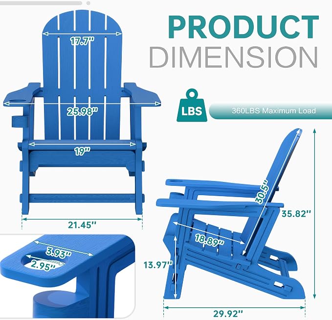 Shintenchi Adirondack Chairs Set of 2,HDPE Adirondack Chairs w/Removable Tablelop & Umbrella Hole,All-Weather Wooden Textured Plastic Outdoor Chairs w/Cup Holders for Garden Backyard Pool,Blue