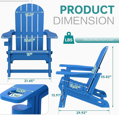 Shintenchi Adirondack Chairs Set of 2,HDPE Adirondack Chairs w/Removable Tablelop & Umbrella Hole,All-Weather Wooden Textured Plastic Outdoor Chairs w/Cup Holders for Garden Backyard Pool,Blue