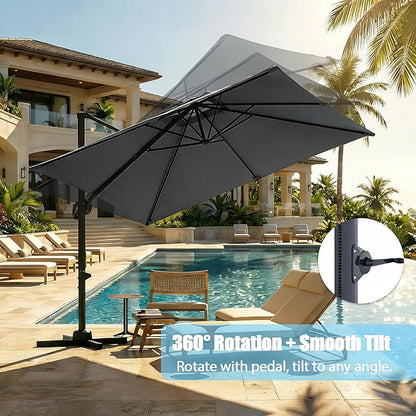 GarveeLife Large Cantilever Patio Umbrella, 10 ft X 10 ft Heavy Duty Aluminum Cantilever Offset Outdoor Umbrella with 360-Degree Rotation for Backyard, Deck, Pool (Grey)
