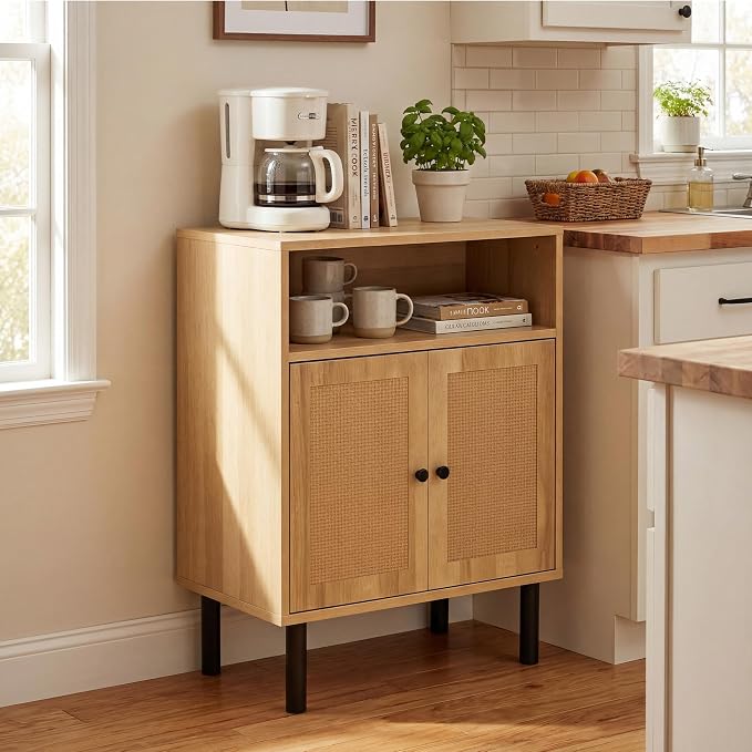 Narrow Storage Cabinet with Rattan Doors, 32" Tall Small Cabinet | for Bathroom, Small Space Hallway Entryway, Free-Standing Sideboard for Laundry Room Kitchen, Easy Assembly(Dark Oak)