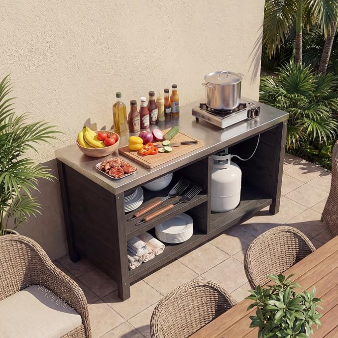 MOUMON Patio Grill Prep Table with Propane Tank Storage, Solid Cedar Patio Cabinet with Stainless Steel Top, Outdoor Cooking Station, Propane not Included, Dark Grey 51.2”W x 23.6”D x 27.6”H