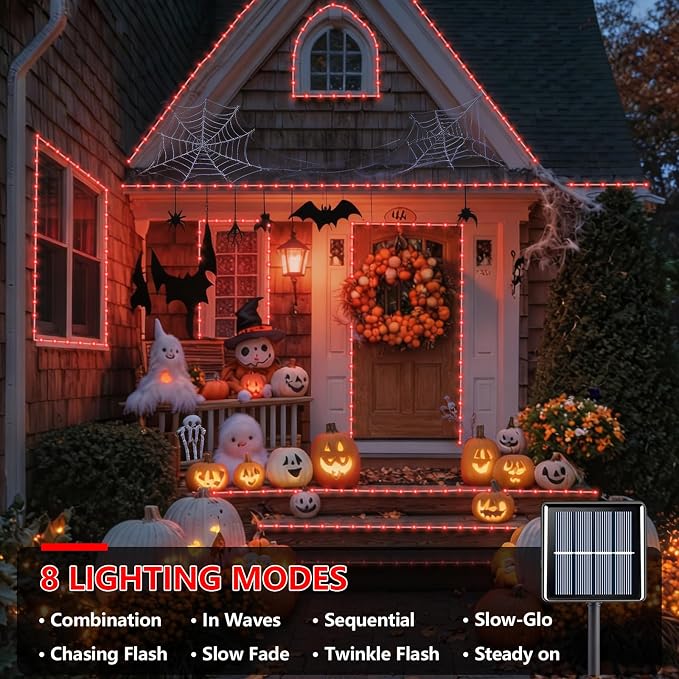 YEGUO Red Solar Halloween Lights, 66ft 200 LED Solar Rope Lights Outdoor Waterproof, 8 Modes Fairy Lights in Clear Thin Tube