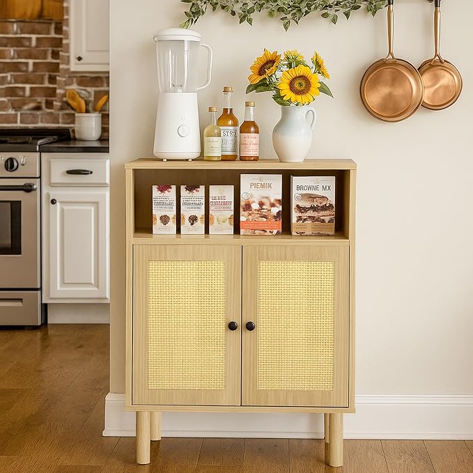 Boho Accent Cabinet with Rattan Doors, Small Sideboard Buffet, Oak | Small Sideboard Buffet Cabinet for Entryway, Living Room, Kitchen Coffee Bar