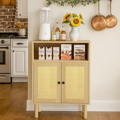 Boho Accent Cabinet with Rattan Doors, Small Sideboard Buffet, Oak | Small Sideboard Buffet Cabinet for Entryway, Living Room, Kitchen Coffee Bar