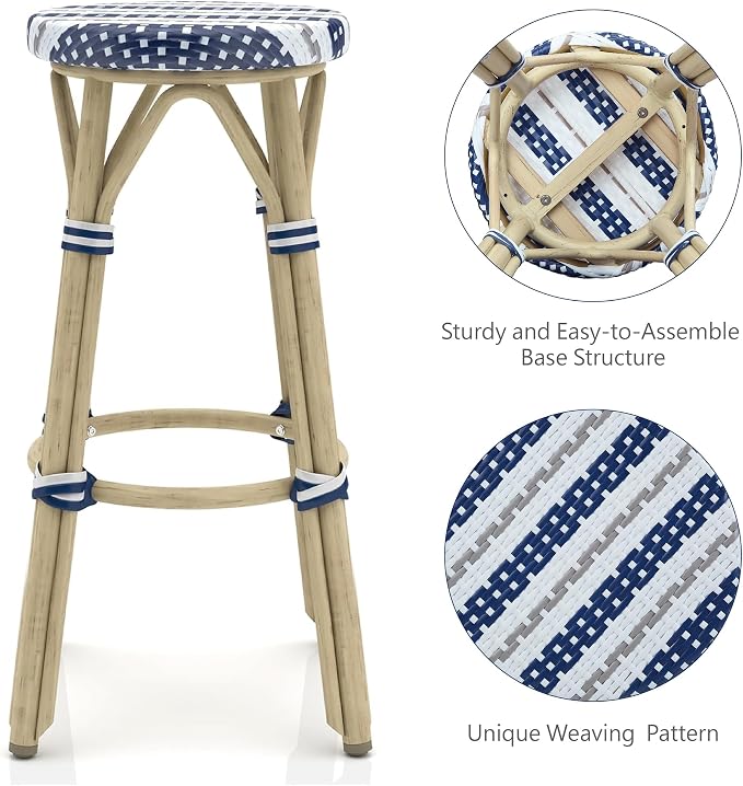 Seadrift Boho 30-inch Aluminum and All-Weather Wicker Barstools with Footrest, Patio Stools & Bar Chairs for Outdoor, Kitchen Counter, Poolside, Yard, Set of 2, Navy Blue and White