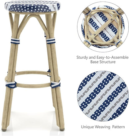 Seadrift Boho 30-inch Aluminum and All-Weather Wicker Barstools with Footrest, Patio Stools & Bar Chairs for Outdoor, Kitchen Counter, Poolside, Yard, Set of 2, Navy Blue and White