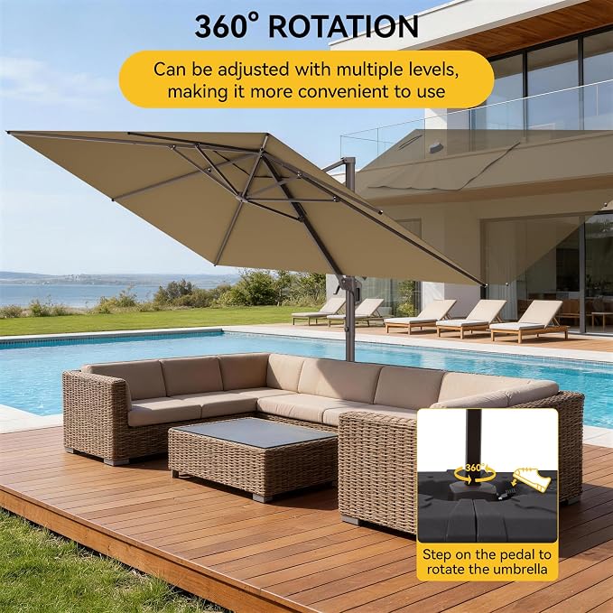 9x12 FT Cantilever Patio Umbrella with Base, Large Rectangular Offset Outdoor Umbrella with 360° Rotation, Heavy Duty Shade Umbrella for Garden Backyard Deck Poolside Courtyard, Brown