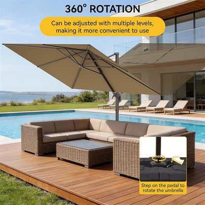 9x12 FT Cantilever Patio Umbrella with Base, Large Rectangular Offset Outdoor Umbrella with 360° Rotation, Heavy Duty Shade Umbrella for Garden Backyard Deck Poolside Courtyard, Brown