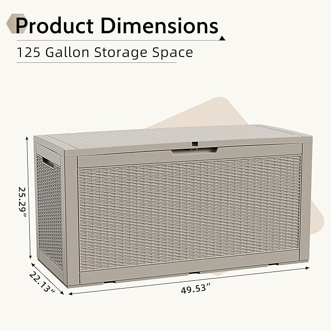 Waterproof Outdoor Storage Box, 125 Gallon Lockable Deck Box, UV-Resistant Outside Storage Bin With Hydraulic Lid For Patio Furniture, Cushion Organizer, Garden Tools, Pool Accessories,Grey