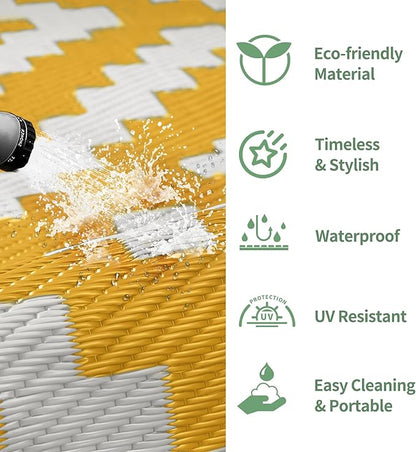 GENIMO Outdoor Rug, Waterproof Plastic Rugs for Patio, 6'x9' Yellow White | Outside Larger Modern Carpet Mat for Porch Decor, Deck, Balcony, Camping, RV, Backyard, Picnic, Beach, Reversible, Foldable