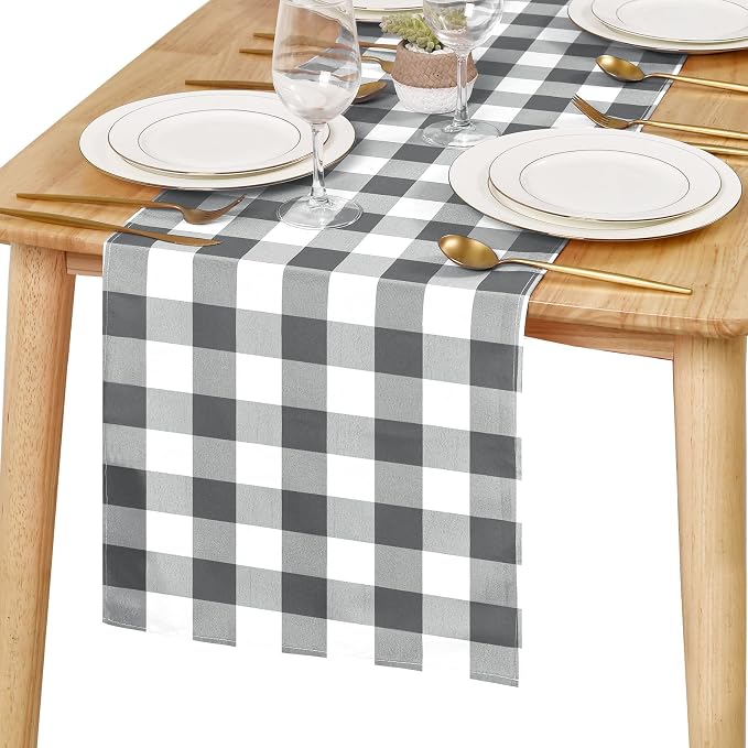 Hiasan Buffalo Plaid Table Runner, Classic Farmhouse Tabletop Collection, Waterproof Table Runner for Kitchen Dining, Banquet, Restaurant, Outdoor Use, 14W x 72L, Grey and White, 1 Piece