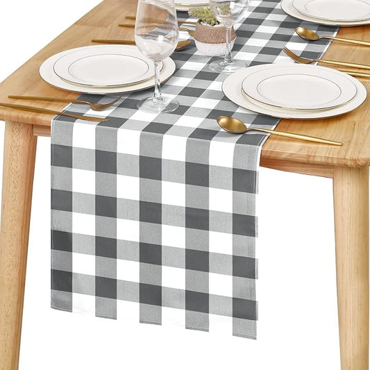 Hiasan Buffalo Plaid Table Runner, Classic Farmhouse Tabletop Collection, Waterproof Table Runner for Kitchen Dining, Banquet, Restaurant, Outdoor Use, 14W x 72L, Grey and White, 1 Piece