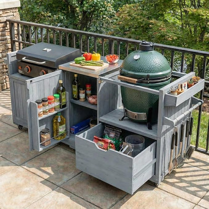 LUMISOL Outdoor Grill Cart with Stainless Steel Top, for Big Green Egg, Rolling Kitchen Island for 21"/28" Blackstone Griddle, 80.5" Solid Wood Kitchen Table with Drawer, Grey+Blue
