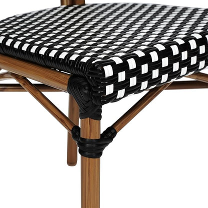Flash Furniture Lourdes Indoor/Outdoor Commercial Thonet Bistro Stack Chair - Black/White PE Rattan Back and Seat - Natural Bamboo Print Metal Frame - 4 PK